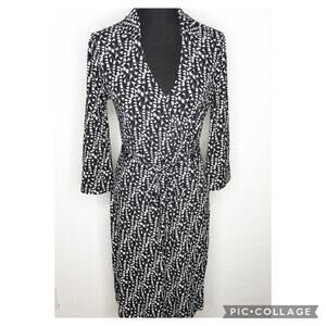 Brooks Brothers black white bird print faux wrap midi dress size Small